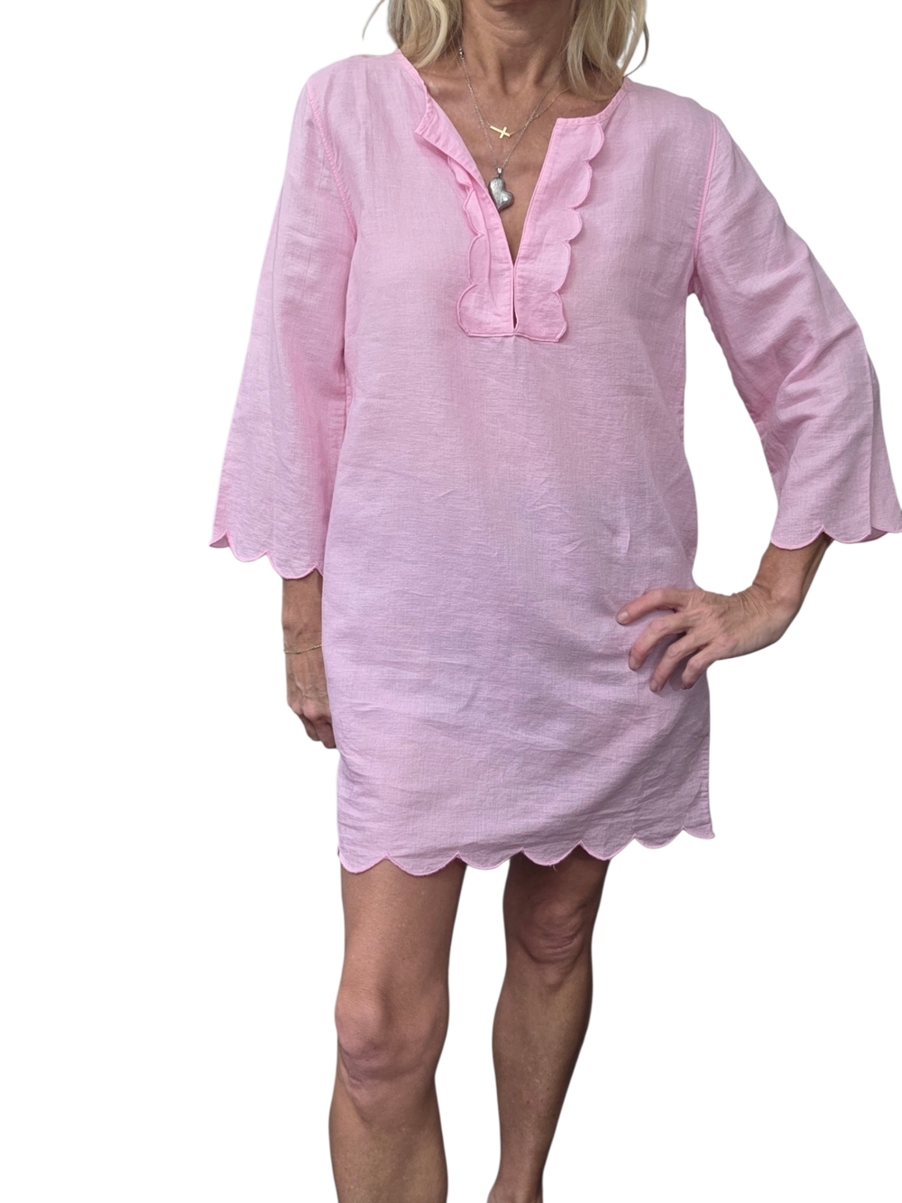 J.Crew XS Pink Linen Blend Shift Dress Scalloped Coastal Coquette